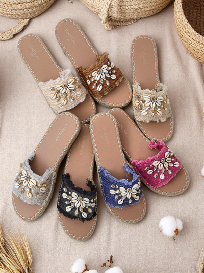 Ženski sandali Royalfashion Helena Decor črni espadrile s školjkami