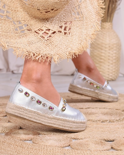 Royalfashion Damskie srebrne espadryle z kryształkami Ziennie