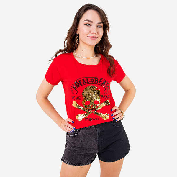 Royalfashion Czerwony damski t-shirt z cekinami i napisami