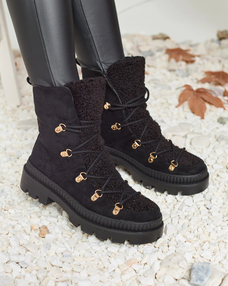 Royalfashion Črni izolirani ženski škornji traper z ovčjo kožo Lery Walk