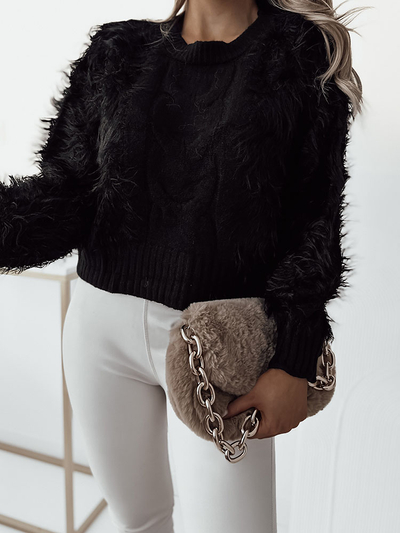 Royalfashion Črn ženski pulover s kratkim prepletom