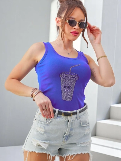 Royalfashion bombažna ženska majica brez rokavov z rhinestones skodelico