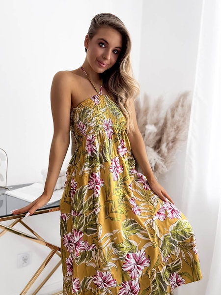 Royalfashion Żółta damska sukienka midi z kwiecistym wzorem