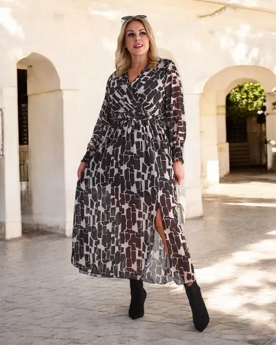 Royalfashion Črna in bež vzorčasta ženska maksi obleka