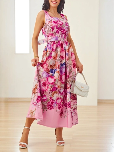 Royalfashion Ženska midi obleka s naramnicami, z pásom v različnih cvetličnih vzorcih
