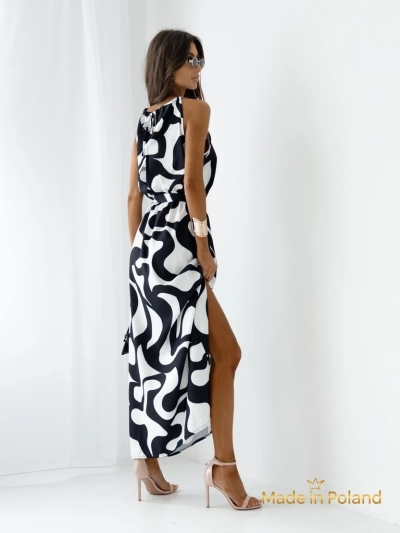 Royalfashion Ženska midi obleka z naramnicami, s pasom in geometrijskim vzorcem