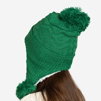 Ciemnozielona damska ocieplana czapka z pomponami - Akcesoria