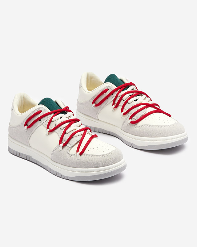 Royalfashion Biało - szare sportowe sneakersy damskie z czerwonymi sznurówkami Olierinc