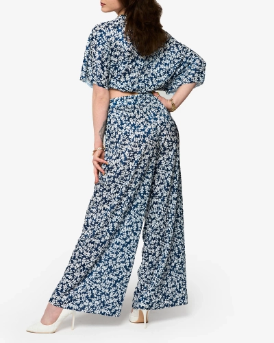 Royalfashion Granatowy damski plisowany komplet w kwiatki