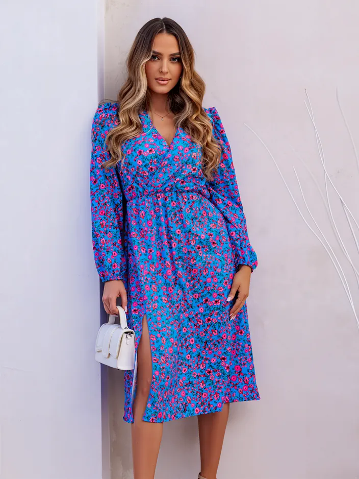 Royalfashion Ženska midi obleka z majhnimi rožami, zavitim vratnim izrezom in šlitom