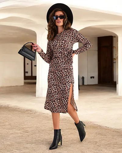 Royalfashion Ženska midi obleka z leopardjim vzorcem