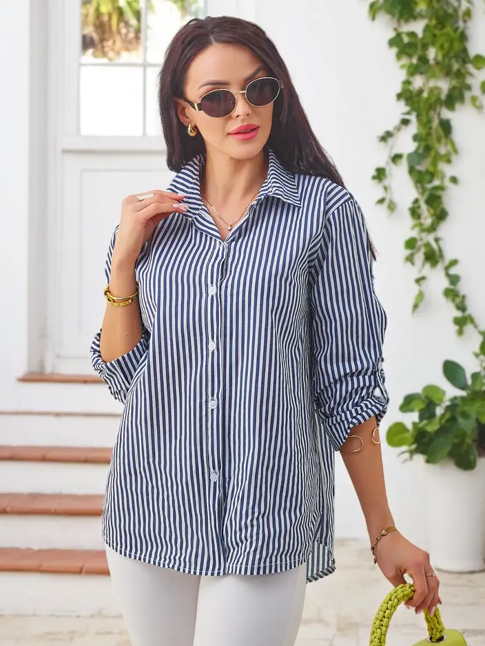 Royalfashion bombažna ženska črtasta srajca z vezalko na dnu