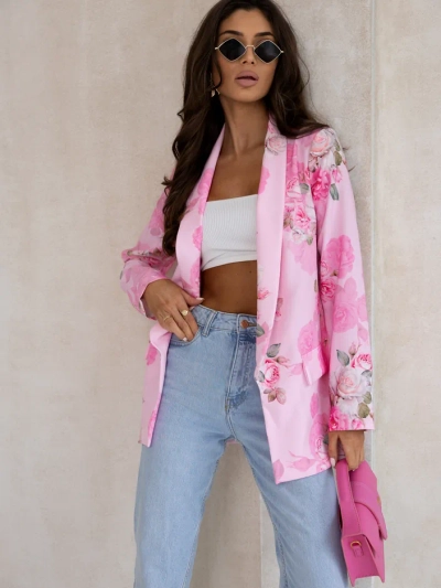 Royalfashion Ženski blazer brez zapiranja z rožnatimi cvetovi