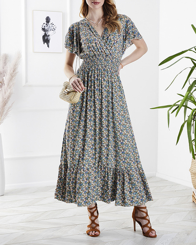 Royalfashion Kwiecista damska sukienka midi w kolorze zielonym