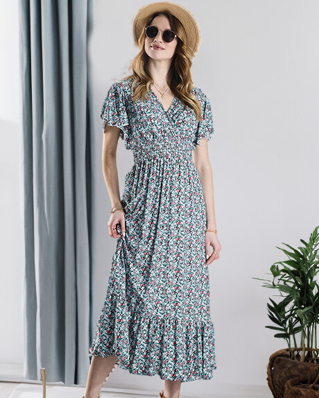 Royalfashion Kwiecista damska sukienka midi w kolorze niebieskim