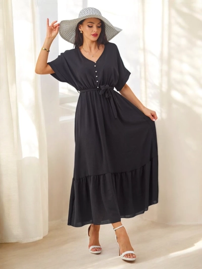 Royalfashion Ženska midi obleka s kratkimi rokavi in dekorativnimi gumbi