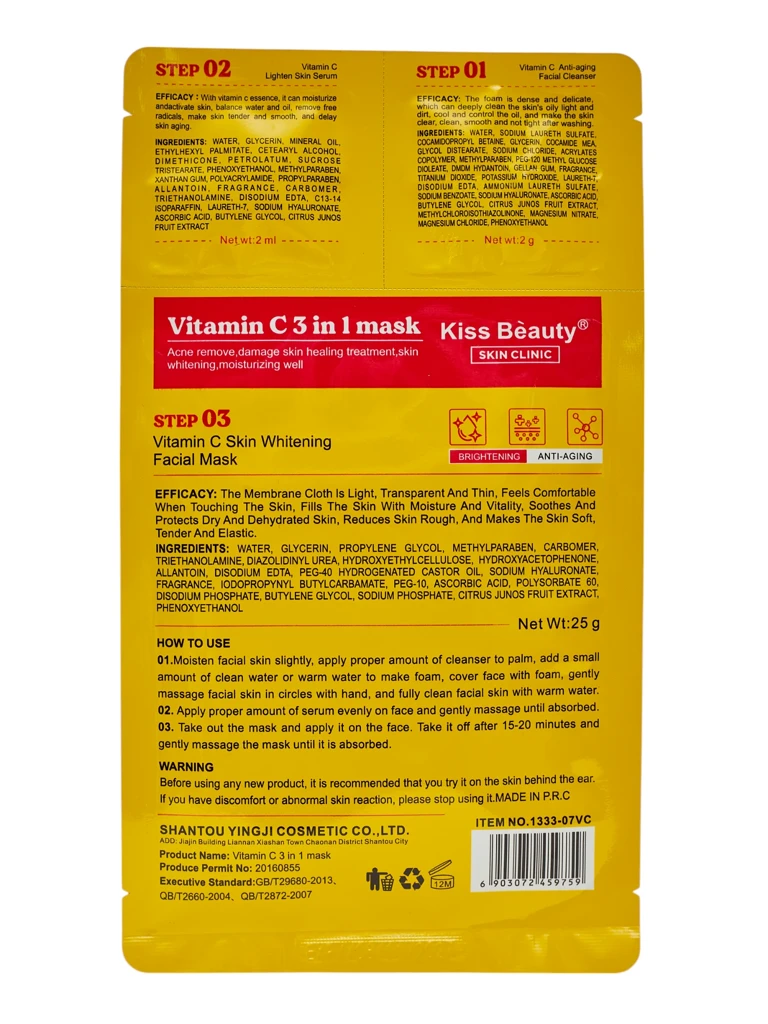 3-v-1 maska – 1 čiščenje obraza, 2 serum, 3 osvetljevalna maska z vitaminom C