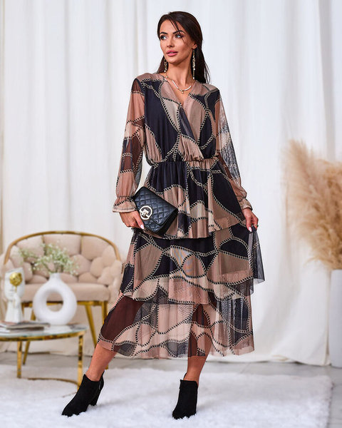Royalfashion Črna in svetlo rjava mrežasta midi obleka s potiskom