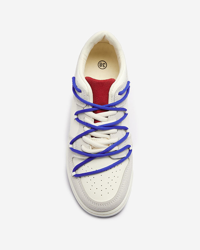 Royalfashion Biało - szare sportowe sneakersy damskie z granatowymi sznurówkami Olierinc