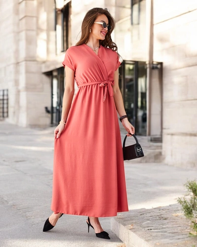 Royalfashion Ženska midi obleka z ovitim dekoltejem, kratkimi rokavi in pasom