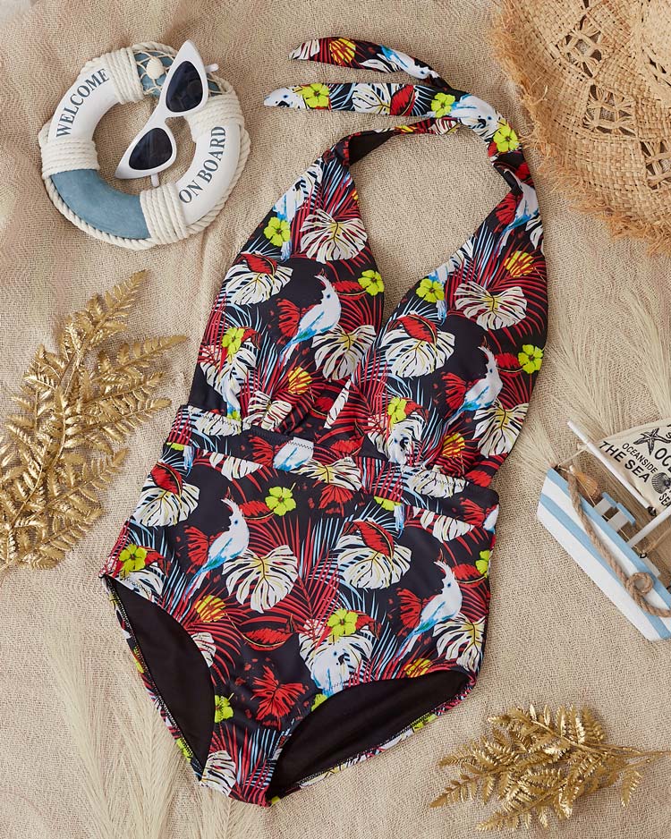 Czarno-żółty damski wzorzysty jednoczęściowy kostium kąpielowy - Odzież