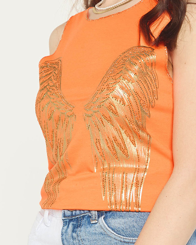 Royalfashion Pomarańczowy damski top ze złotym nadrukiem skrzydeł