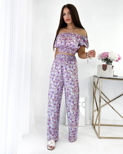 Royalfashion Fioletowy dwuczęściowy damski komplet w kwiatki