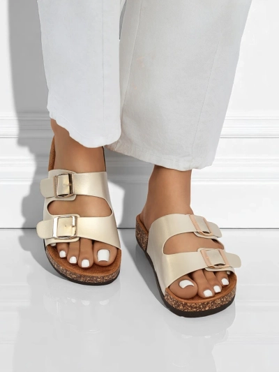 Ženski sandali Royalfashion Aurelia gold – ravni natikači iz eko usnja (velikost 39)