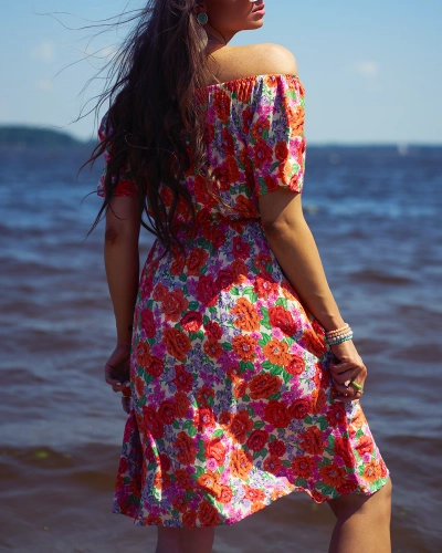 Royalfashion Kwiecista damska sukienka mini a'la hiszpanka w kolorze czerwonym