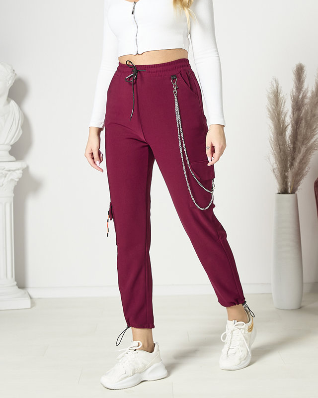 Royalfashion Bordowe damskie spodnie typu bojówki z łańcuszkiem