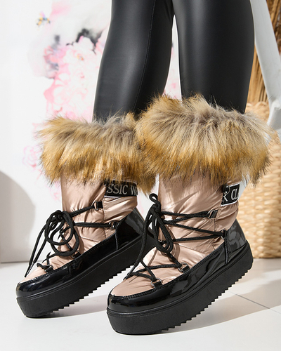 Damskie lakierowane buty a'la śniegowce w złoto- różowym kolorze Fursav- Obuwie