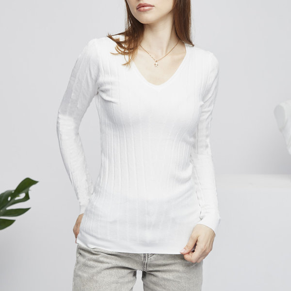 Royalfashion Sweter damski z dekoltem w serek w kolorze białym