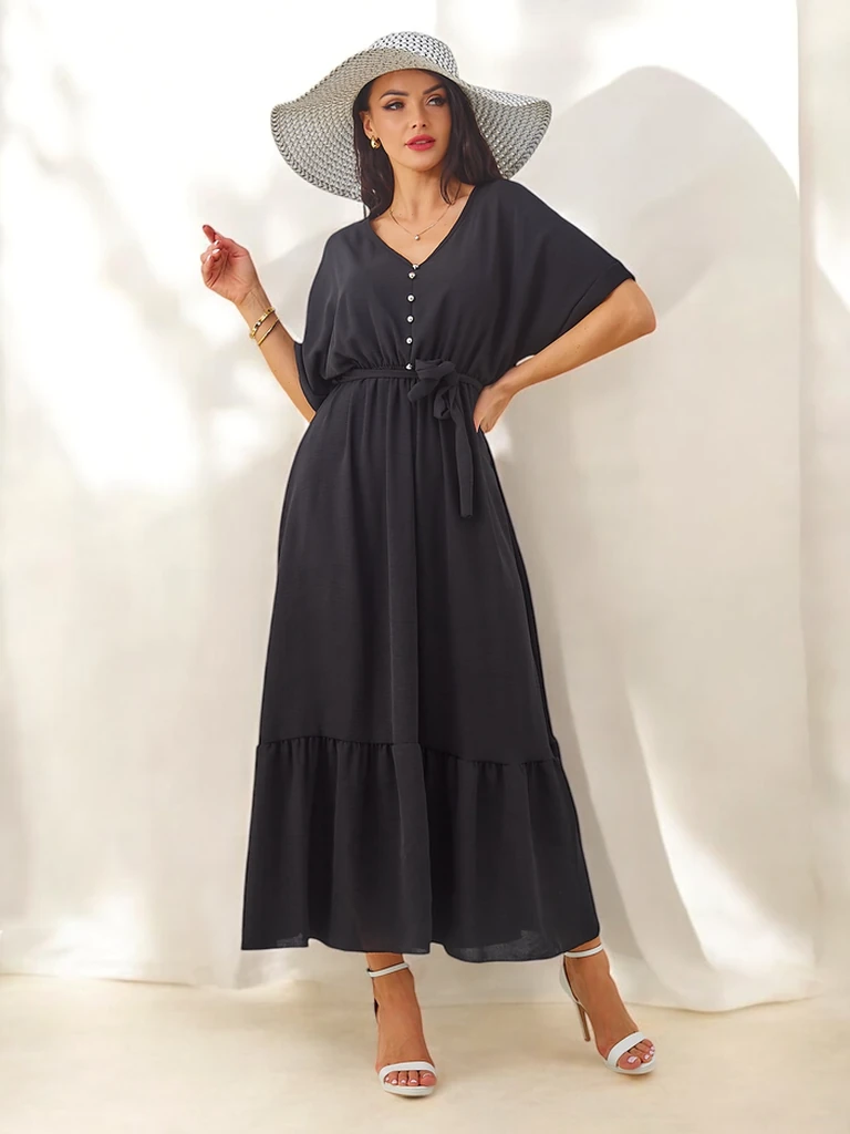 Royalfashion Ženska midi obleka s kratkimi rokavi in dekorativnimi gumbi