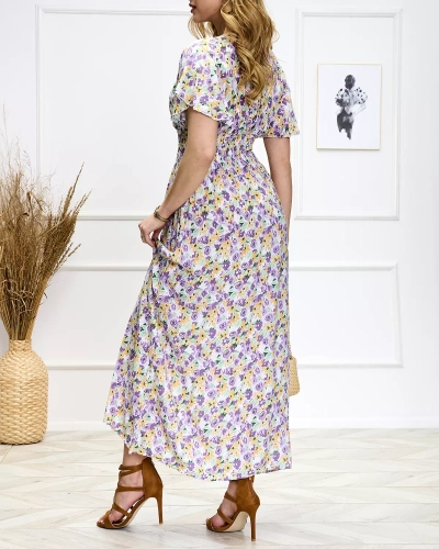 Royalfashion Fioletowo-zielona damska kwiecista sukienka midi