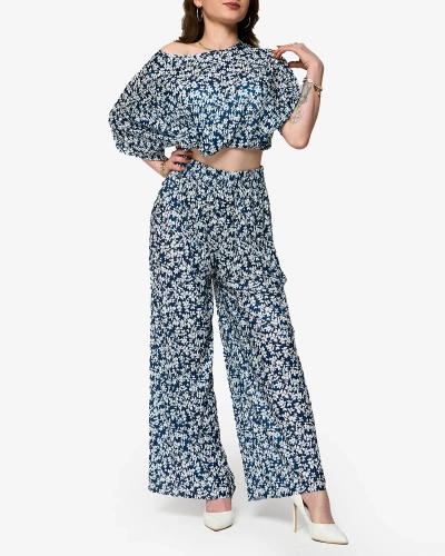 Royalfashion Granatowy damski plisowany komplet w kwiatki