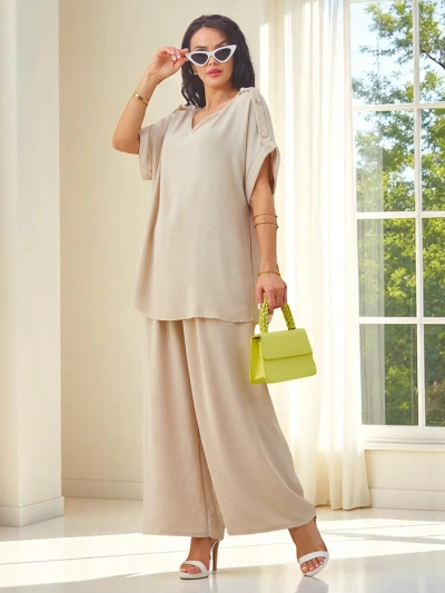 Royalfashion Ženski bombažni set s kratkimi rokavi in razširjenimi hlačami