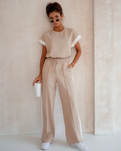 Royalfashion Ženski bombažni set s kratkimi rokavi in širokimi hlačami