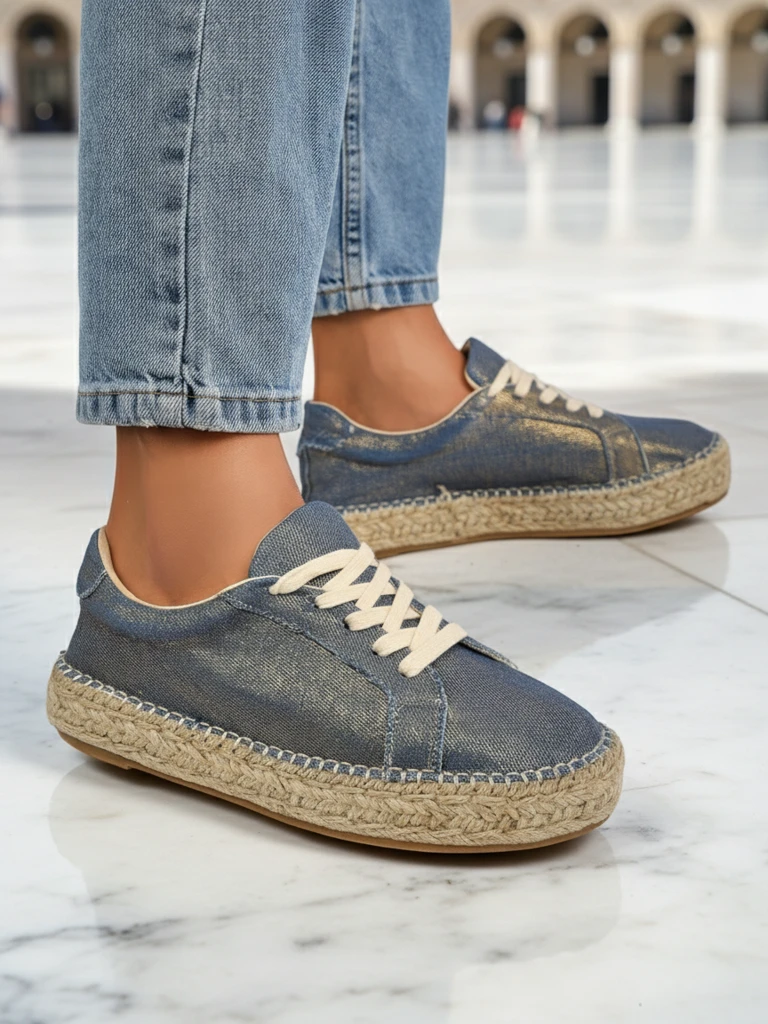 Aurelia Denim Espadrillos – ženski copati s plosko peto iz tkanine