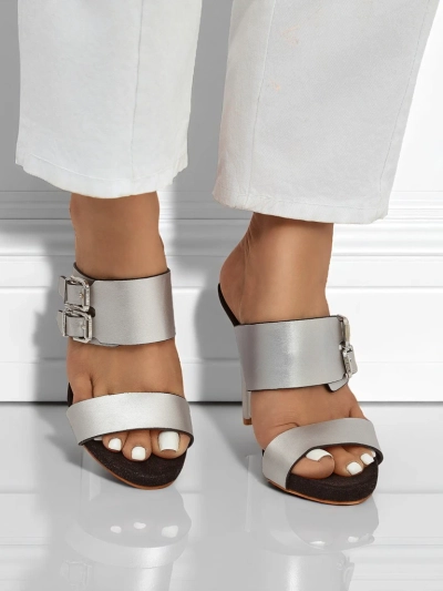 Sandali Aletheia srebrni s stiletto peto 12 cm ekološko usnje z oprijemalnimi trakovi