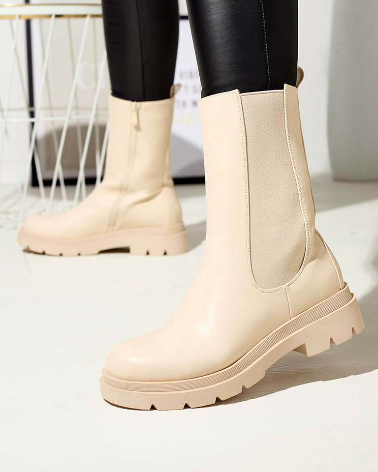 Royalfashion Beżowe damskie wysokie botki na płaskim obcasie Vedesa