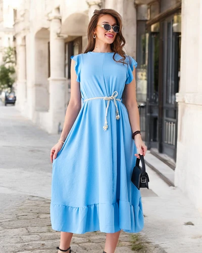 Royalfashion Ženska midi obleka z volančki in kratkimi rokavi