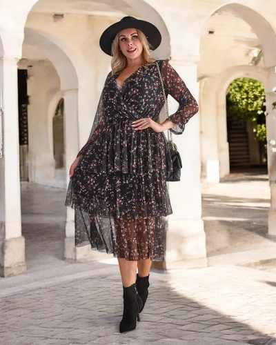 Royalfashion Črna vzorčasta ženska maksi obleka