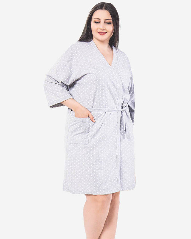 Royalfashion Jasnoszary damski bawełniany szlafrok w groszki PLUS SIZE