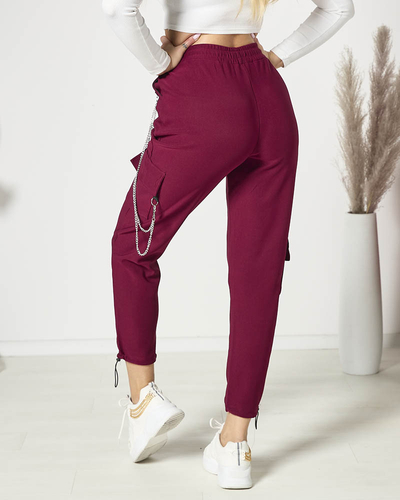 Royalfashion Bordowe damskie spodnie typu bojówki z łańcuszkiem