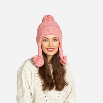 Różowa damska ocieplana czapka z pomponami - Akcesoria