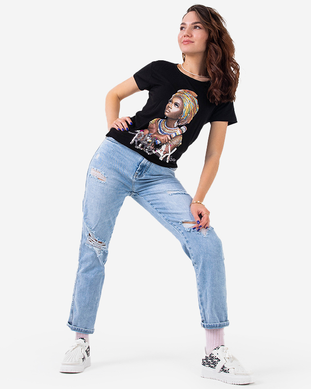 Royalfashion Czarny damski t-shirt z kolorowym printem i cekinami