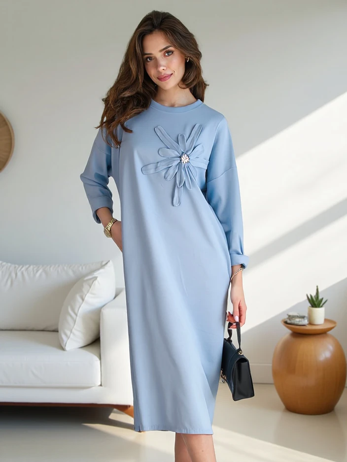 Royalfashion ženski midi obleki, oversized tkanina s cvetom