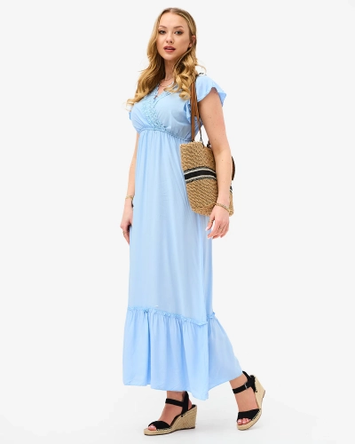Royalfashion Damska niebieska długa sukienka z koronką