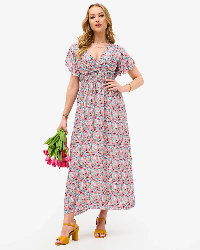 Royalfashion Kwiecista beżowa damska sukienka midi z kopertowym dekoltem