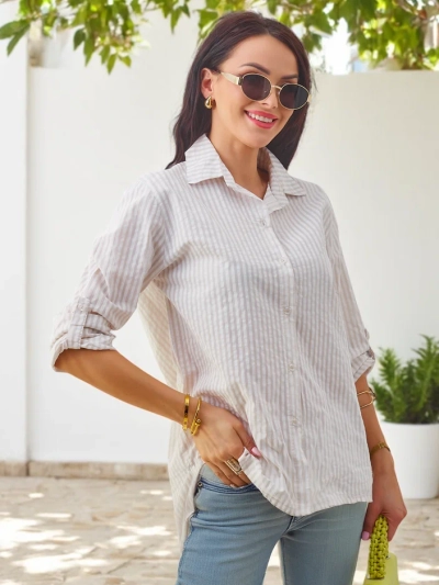 Royalfashion Ženska bombažna srajca s črtami in zavezanjem na dnu